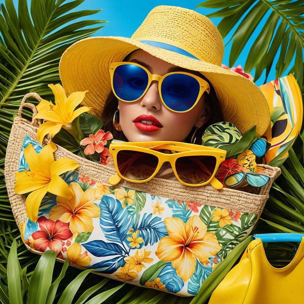 A vibrant summer scene featuring an array of colorful fashion accessories like sunglasses, hats, and jewelry, all radiating sunshine with bright yellow rays. Include a stylish beach bag adorned with tropical patterns and flowers, surrounded by lush greenery and a clear blue sky. The atmosphere should evoke a sense of joy and celebration perfect for summer. super-realistic. vibrant colors. bright background.