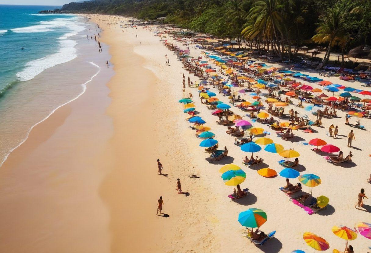 A lively beach scene featuring a diverse group of people wearing various stylish swimwear, including colorful thongs and trendy bikinis. The sun shines brightly on a golden sandy beach, with vibrant beach umbrellas and towels scattered around. Waves gently crash in the background, while beachgoers enjoy volleyball and sunbathing. A fresh cocktail in a coconut should be prominently displayed in the foreground to evoke a tropical vibe. super-realistic. vibrant colors. summer-themed.