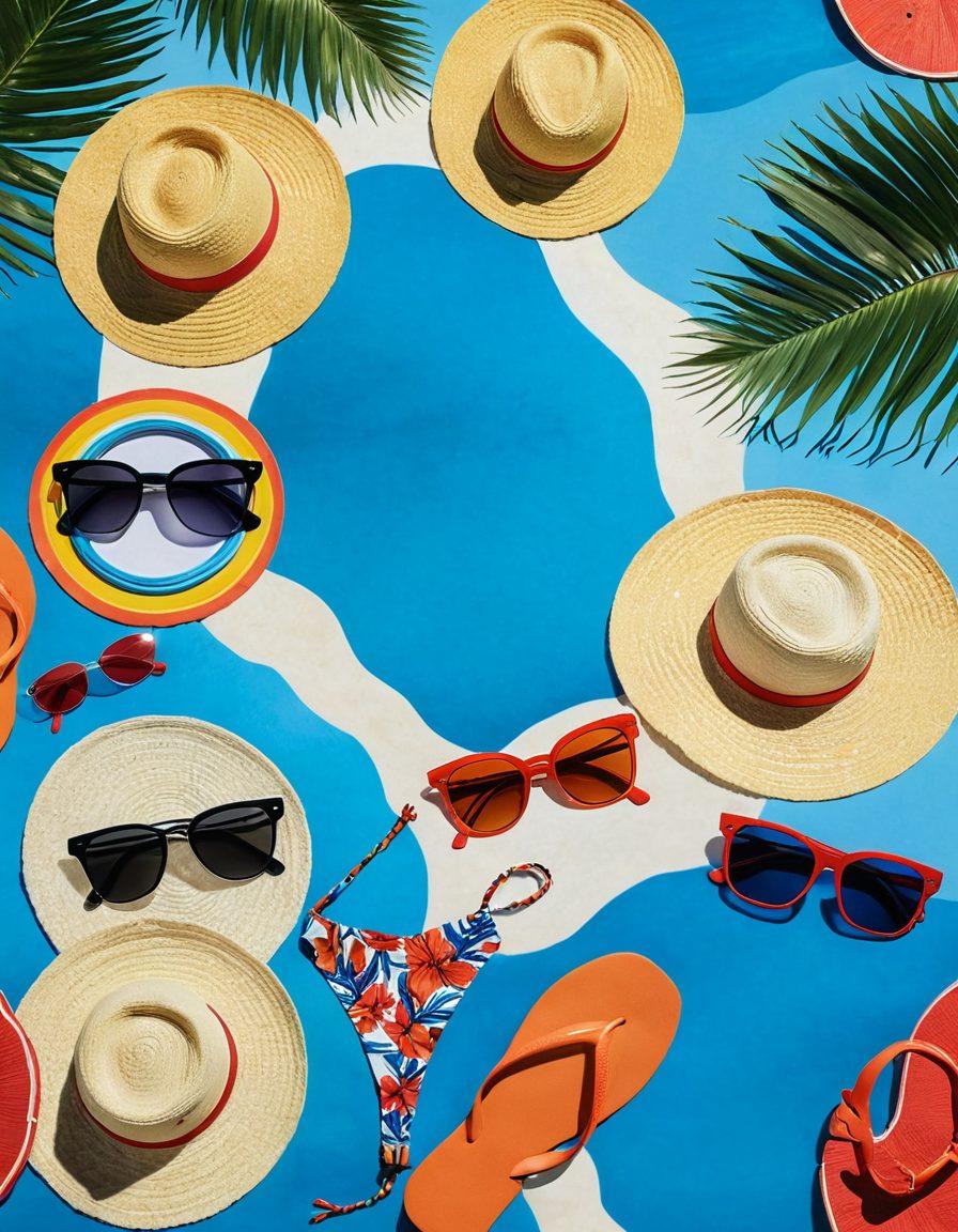 A vibrant beach scene featuring a variety of trendy swimwear styles on display, including bikinis and one-pieces in bold colors and patterns. In the foreground, stylish beach accessories such as sunglasses, hats, and beach bags are arranged artistically next to a refreshing drink with a tropical backdrop. Waves gently crash in the background under a bright blue sky, evoking a sense of summer fun and relaxation. super-realistic. vibrant colors. tropical theme.